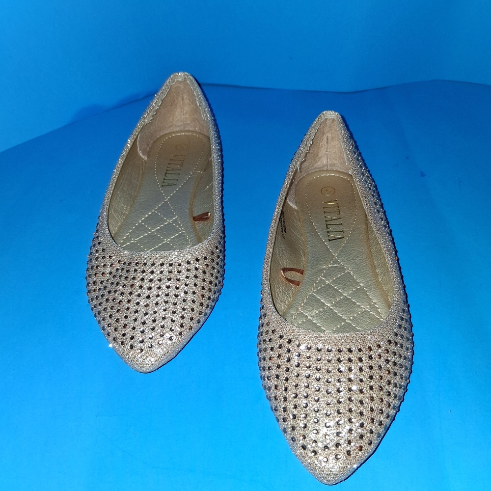 Crystal-Studded Champagne Pointed Toe Flats